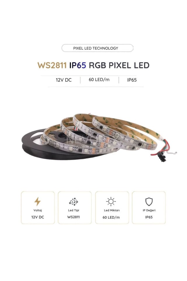 12 Volt WS2811 60 LED/m IP65 RGB Pixel Şerit LED 5 Metre
