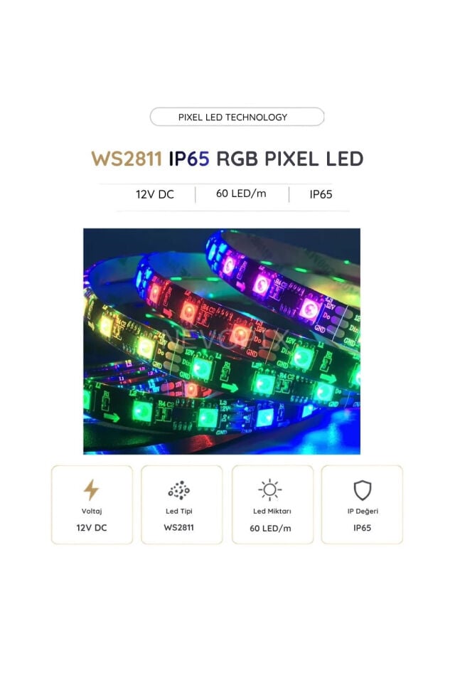 12 Volt WS2811 60 LED/m IP65 RGB Pixel Şerit LED 5 Metre