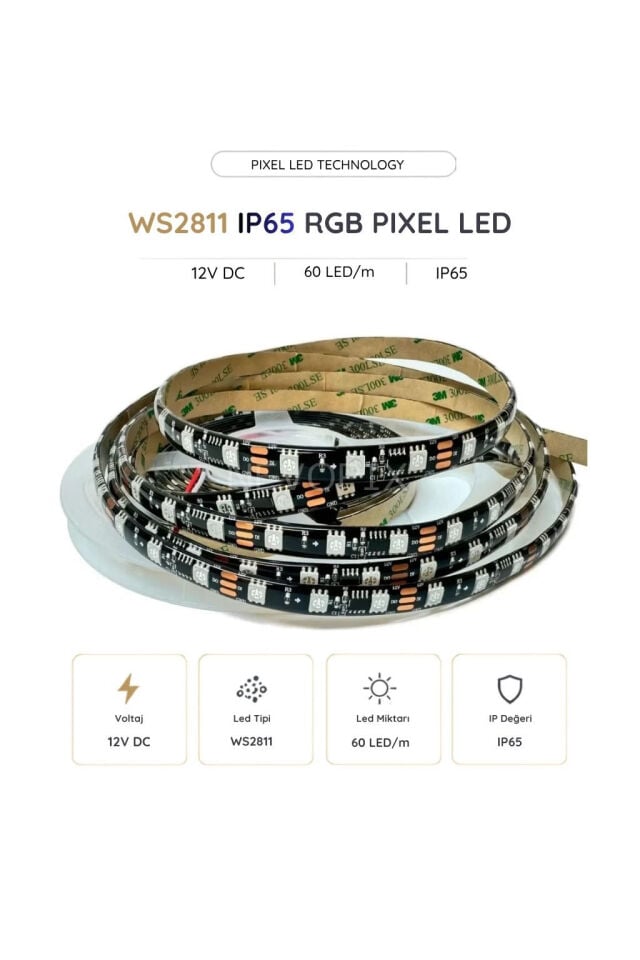 12 Volt WS2811 60 LED/m IP65 RGB Pixel Şerit LED 5 Metre