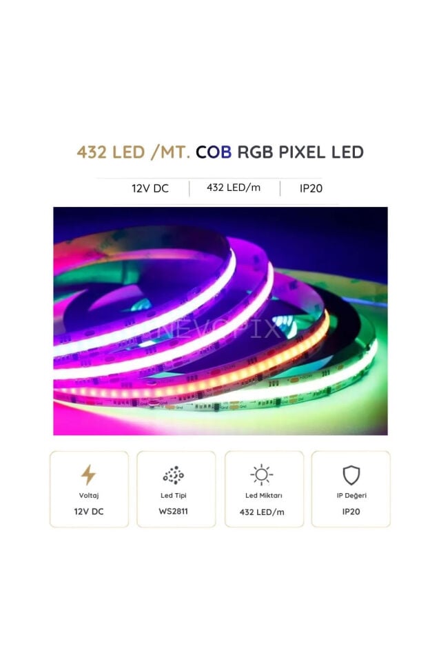 12 Volt 432 LED/m IP20 RGB Pixel Cob Şerit LED 5 Metre