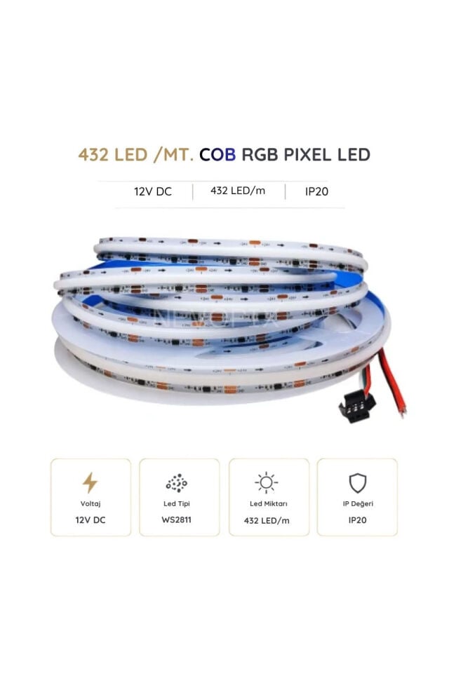 12 Volt 432 LED/m IP20 RGB Pixel Cob Şerit LED 5 Metre
