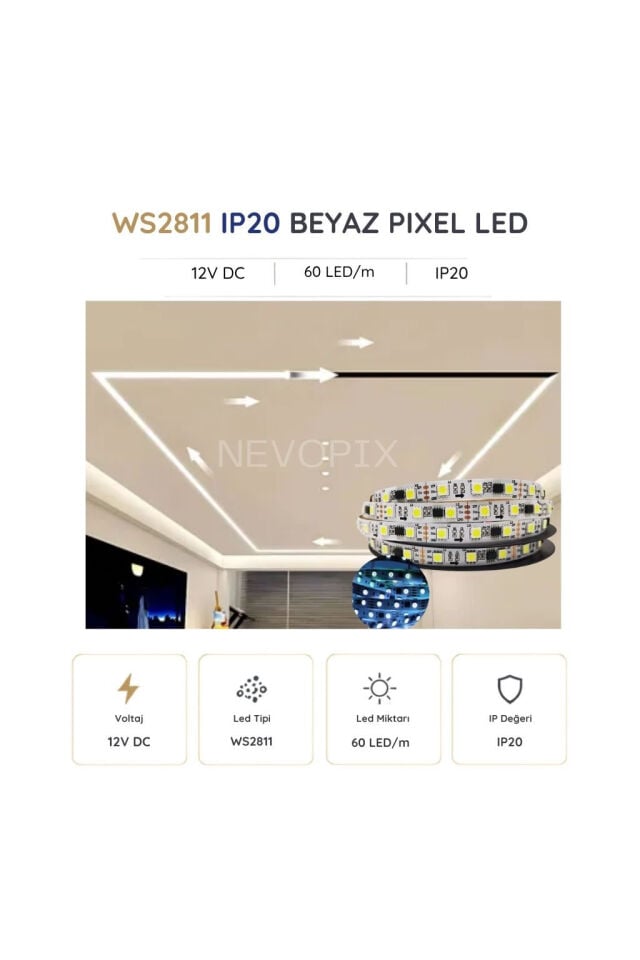 12 Volt WS2811 60 LED/m IP20 Beyaz Pixel Şerit LED 5 Metre