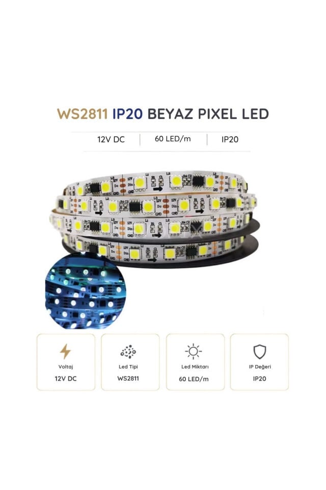 12 Volt WS2811 60 LED/m IP20 Beyaz Pixel Şerit LED 5 Metre