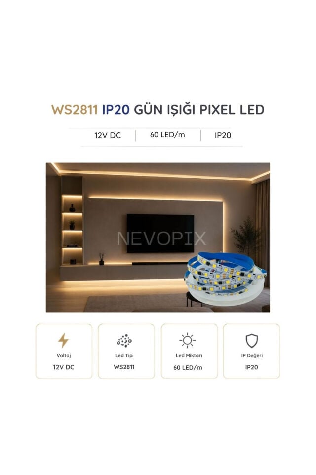 12 Volt WS2811 60 LED/m IP20 Gün Işığı Pixel Şerit LED 5 Metre