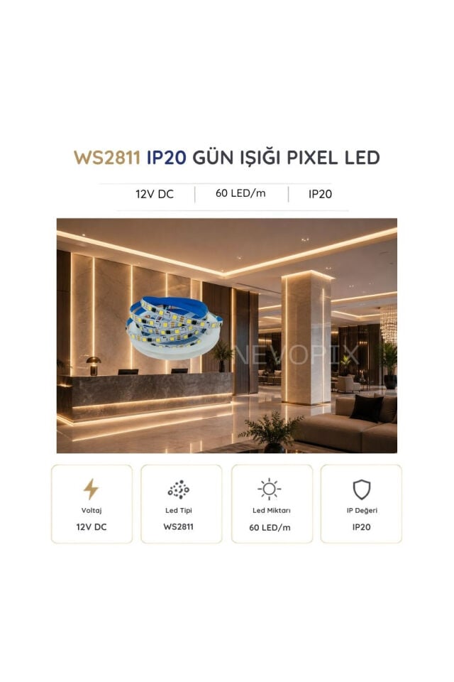 12 Volt WS2811 60 LED/m IP20 Gün Işığı Pixel Şerit LED 5 Metre