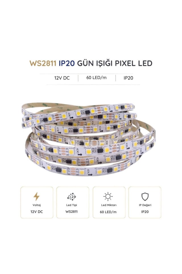 12 Volt WS2811 60 LED/m IP20 Gün Işığı Pixel Şerit LED 5 Metre