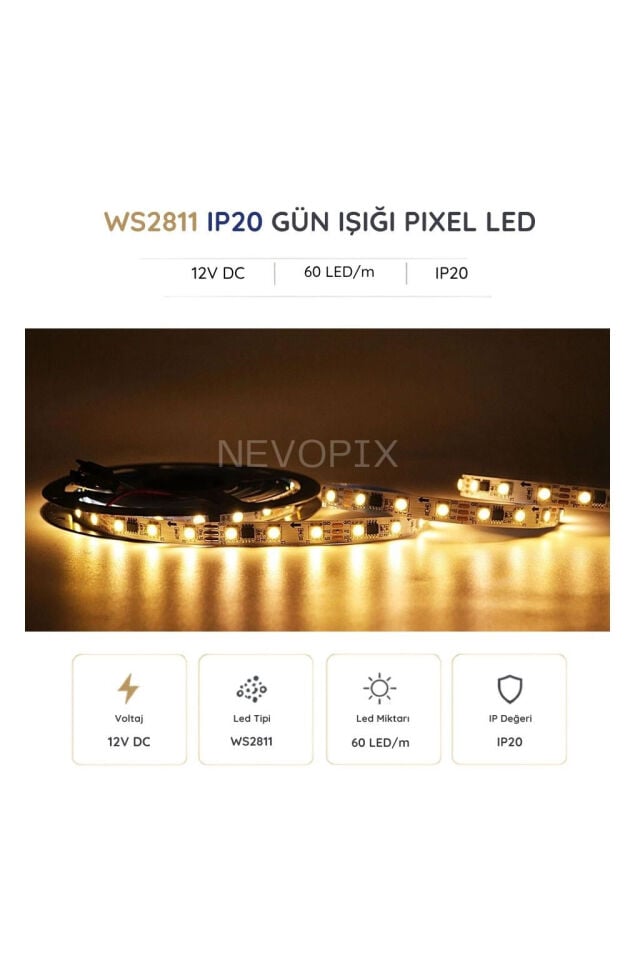 12 Volt WS2811 60 LED/m IP20 Gün Işığı Pixel Şerit LED 5 Metre