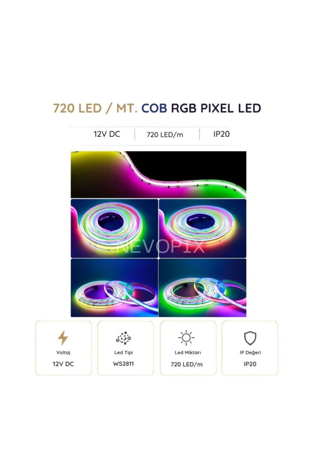 12 Volt 720 LED/m IP20 RGB Pixel Cob Şerit LED 5 Metre