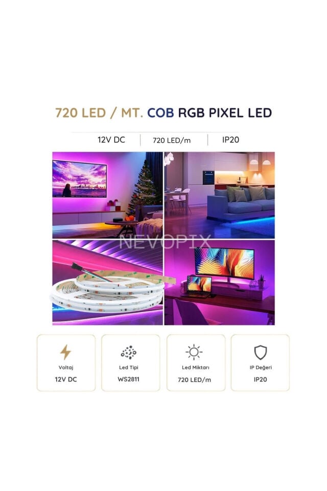 12 Volt 720 LED/m IP20 RGB Pixel Cob Şerit LED 5 Metre
