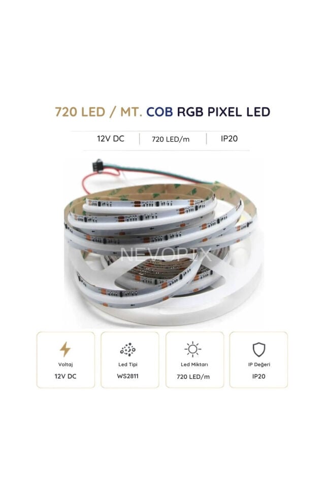 12 Volt 720 LED/m IP20 RGB Pixel Cob Şerit LED 5 Metre