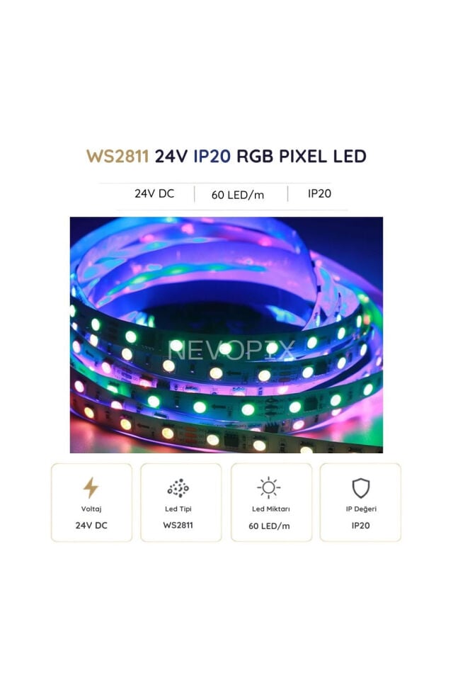 24 Volt WS2811 60 LED/m IP20 RGB Pixel Şerit LED 5 Metre