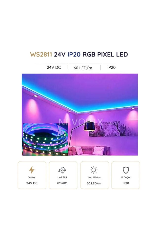 24 Volt WS2811 60 LED/m IP20 RGB Pixel Şerit LED 5 Metre