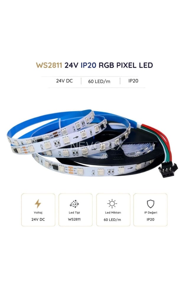 24 Volt WS2811 60 LED/m IP20 RGB Pixel Şerit LED 5 Metre