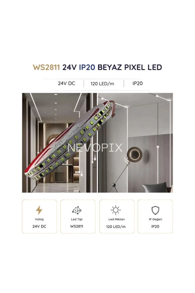 24 Volt WS2811 120 LED/m IP20 Beyaz Pixel Şerit LED 5 Metre