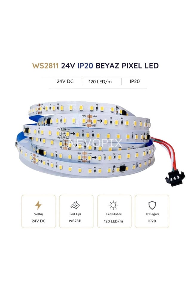 24 Volt WS2811 120 LED/m IP20 Beyaz Pixel Şerit LED 5 Metre