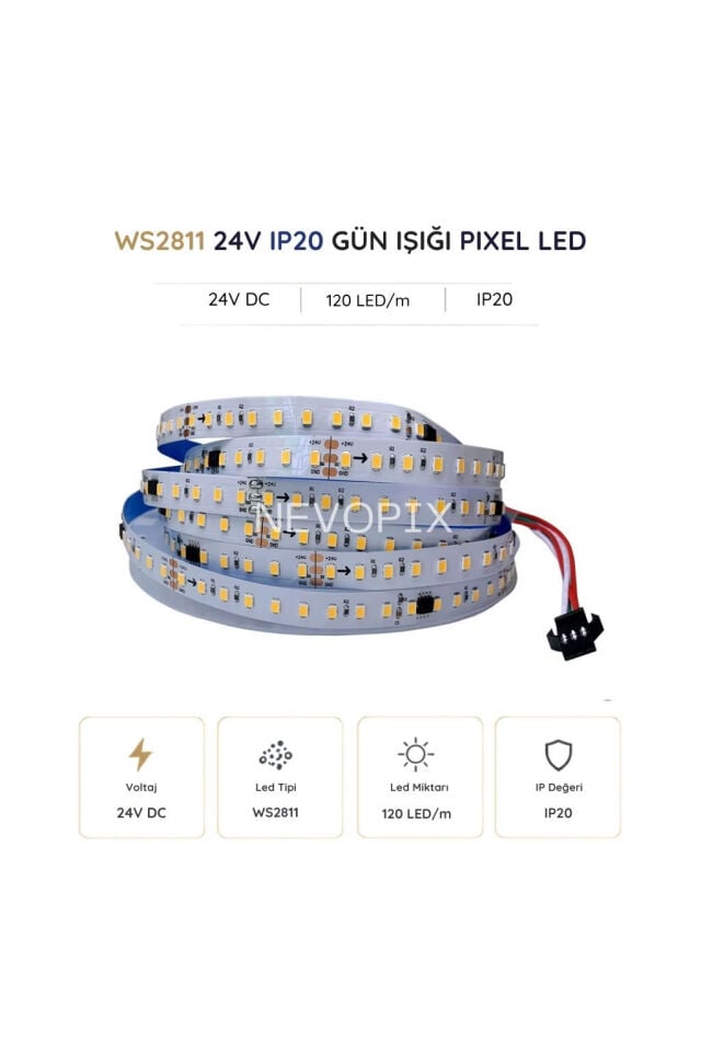 24 Volt WS2811 120 LED/m IP20 Gün Işığı Pixel Şerit LED 5 Metre