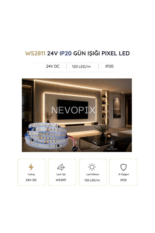 24 Volt WS2811 120 LED/m IP20 Gün Işığı Pixel Şerit LED 5 Metre