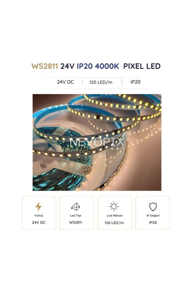 24 Volt WS2811 120 LED/m IP20 4000K Pixel Şerit LED 5 Metre