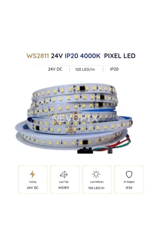24 Volt WS2811 120 LED/m IP20 4000K Pixel Şerit LED 5 Metre