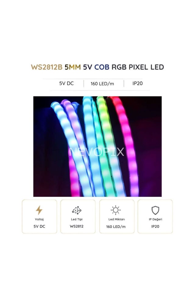 5 Volt 160 LED/m IP20 RGB Pixel Cob Şerit LED 5 Metre