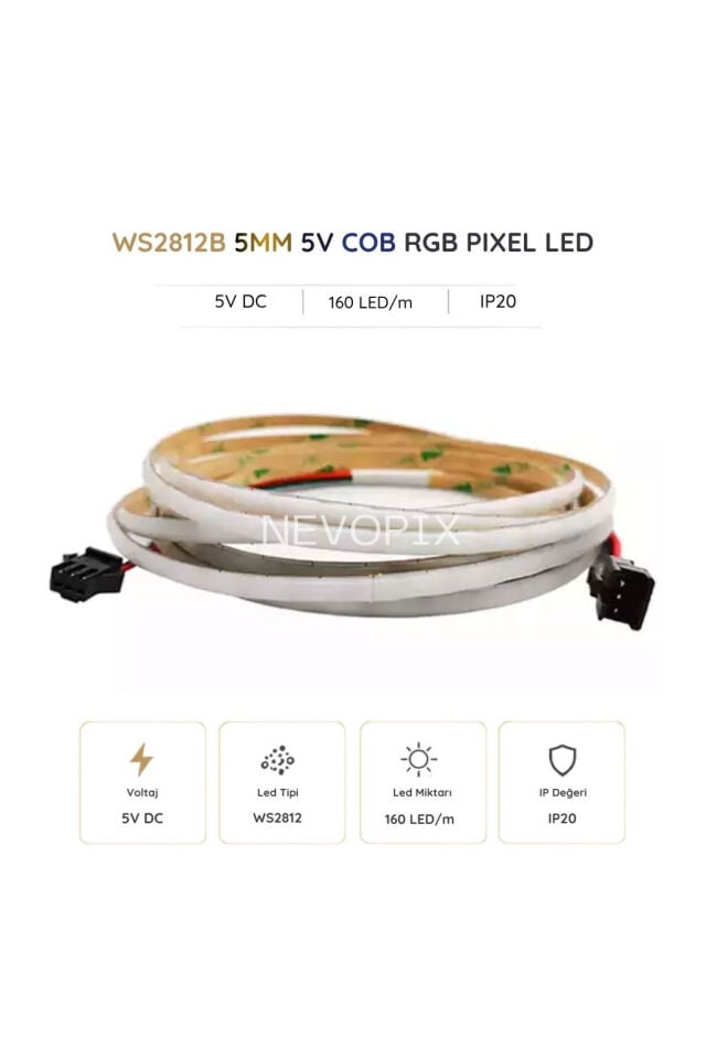 5 Volt 160 LED/m IP20 RGB Pixel Cob Şerit LED 5 Metre