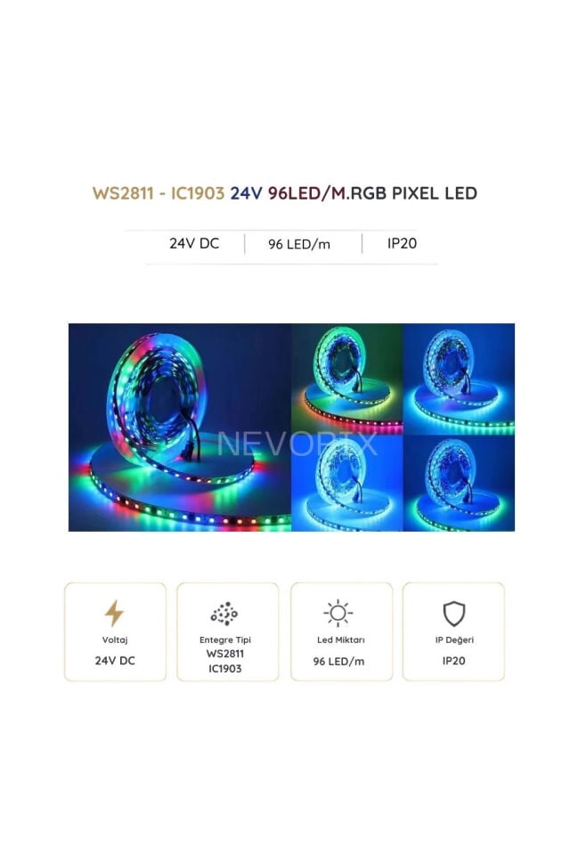 24 Volt 3535SMD IC1903 96 LED/m IP20 RGB Pixel Şerit LED 5 Metre