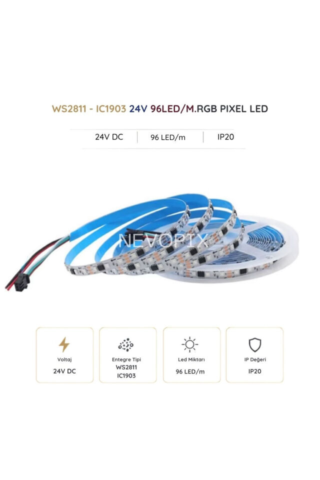 24 Volt 3535SMD IC1903 96 LED/m IP20 RGB Pixel Şerit LED 5 Metre
