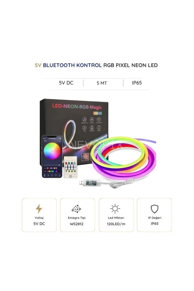 5V USB Kitli 5 Metre RGB Pixel Neon Şerit LED – Bluetooth ve Uzaktan Kumandalı