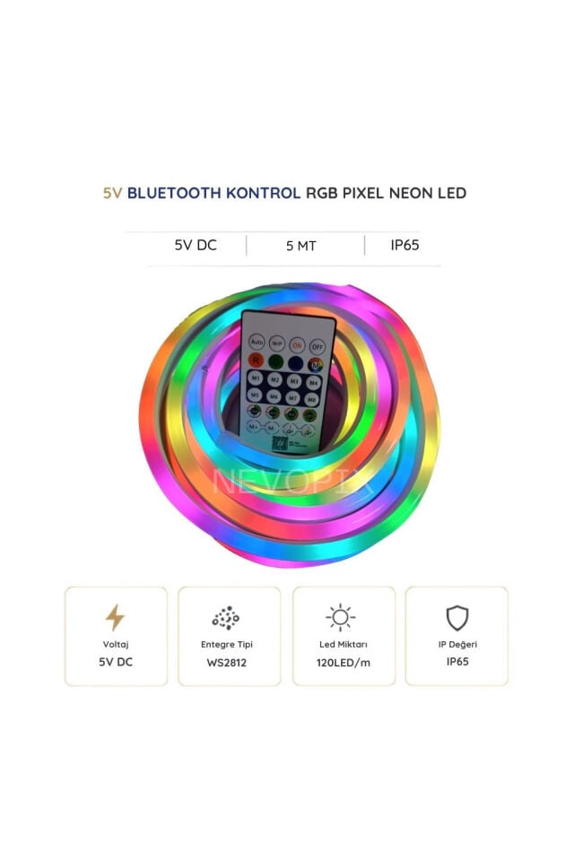 5V USB Kitli 5 Metre RGB Pixel Neon Şerit LED – Bluetooth ve Uzaktan Kumandalı