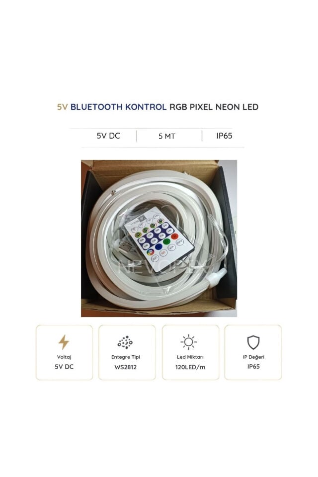 5V USB Kitli 5 Metre RGB Pixel Neon Şerit LED – Bluetooth ve Uzaktan Kumandalı
