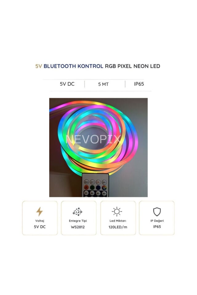 5V USB Kitli 5 Metre RGB Pixel Neon Şerit LED – Bluetooth ve Uzaktan Kumandalı