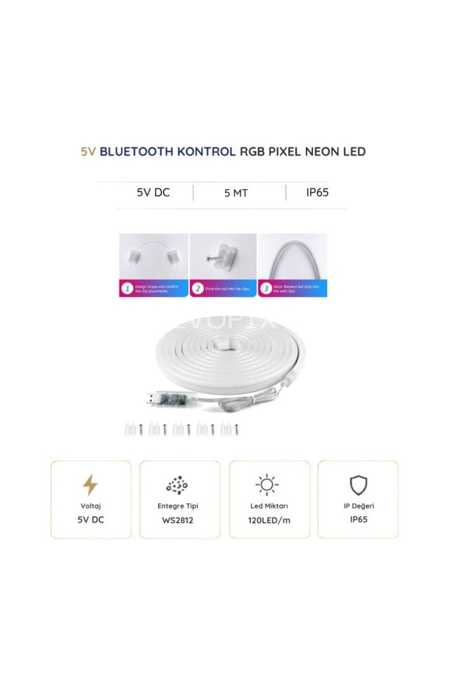 5V USB Kitli 5 Metre RGB Pixel Neon Şerit LED – Bluetooth ve Uzaktan Kumandalı