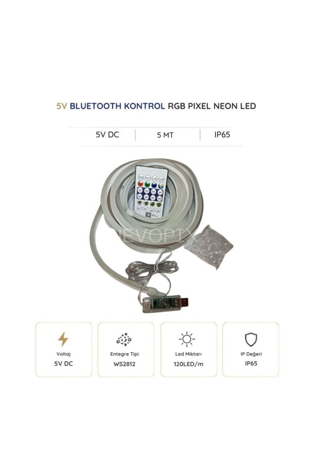 5V USB Kitli 5 Metre RGB Pixel Neon Şerit LED – Bluetooth ve Uzaktan Kumandalı