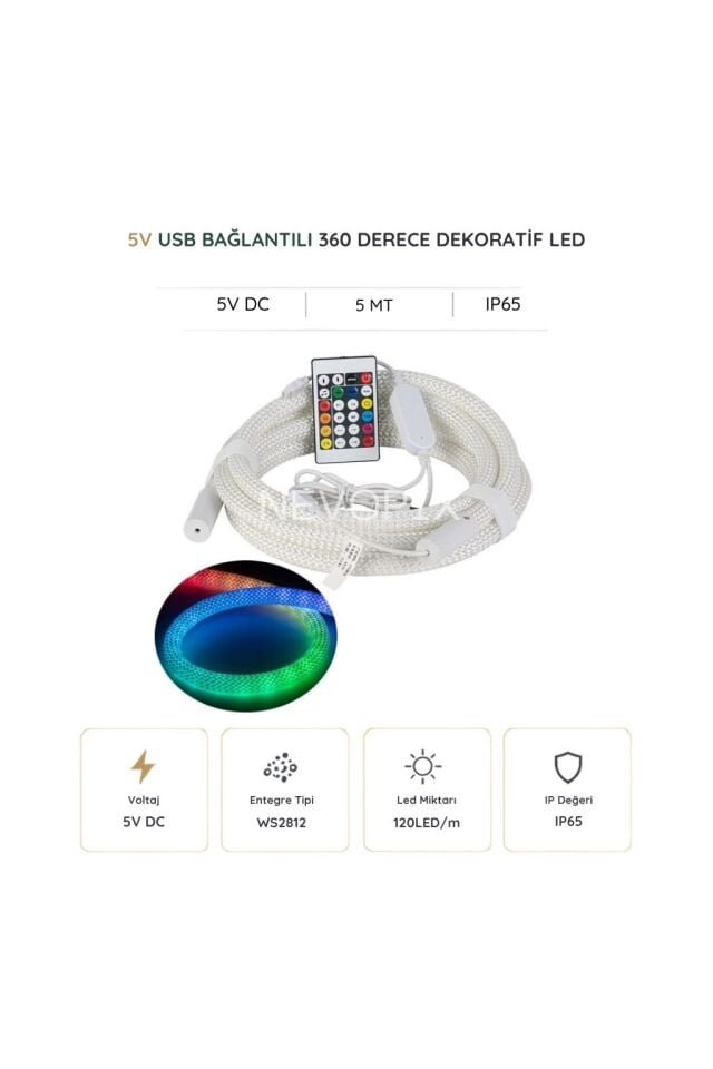 5V 5 Metre USB IC-RGB Pixel Neon Halat Işık Bluetoothlu