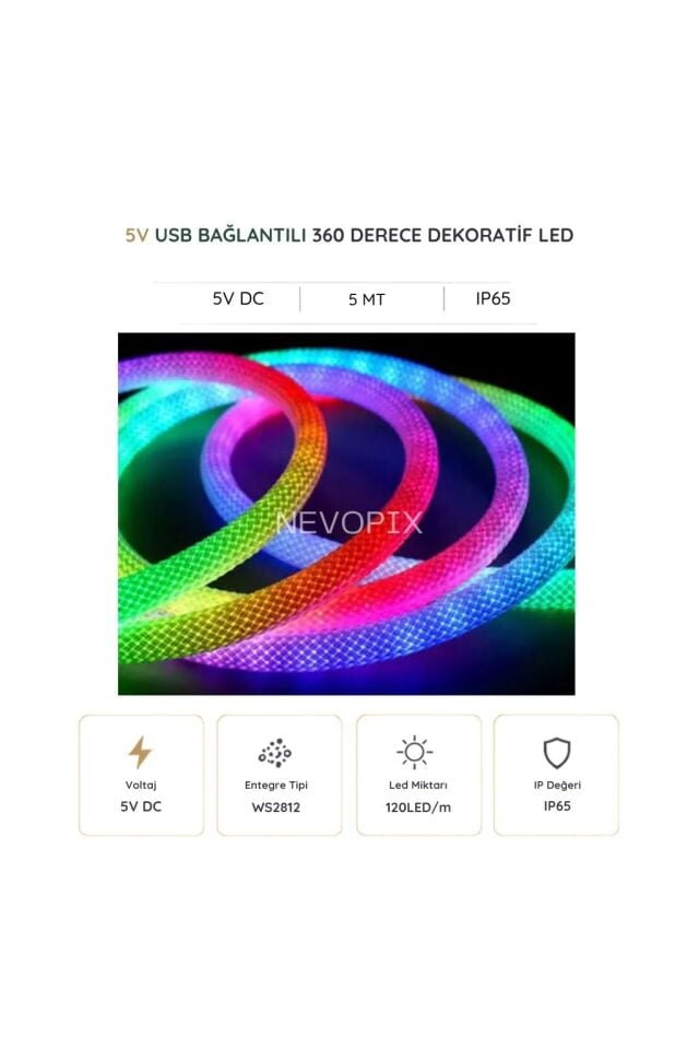 5V 5 Metre USB IC-RGB Pixel Neon Halat Işık Bluetoothlu