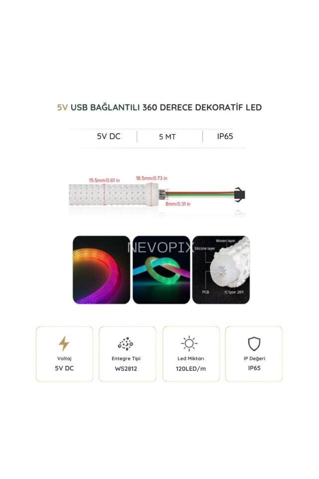 5V 5 Metre USB IC-RGB Pixel Neon Halat Işık Bluetoothlu