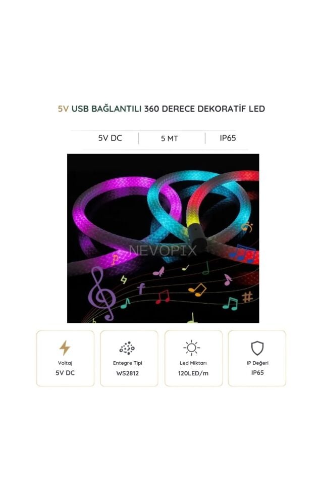 5V 5 Metre USB IC-RGB Pixel Neon Halat Işık Bluetoothlu