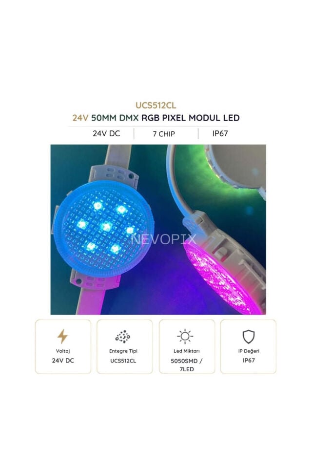 24V 50mm UCS512CL RGB Adreslenebilir Pixel Dot Modül LED 30 Adet