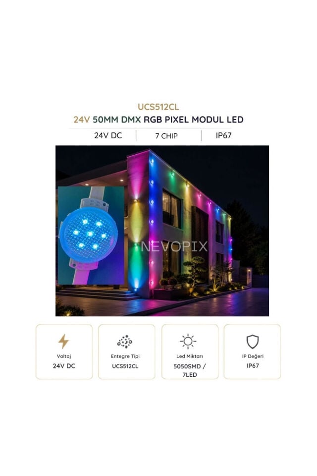 24V 50mm UCS512CL RGB Adreslenebilir Pixel Dot Modül LED 30 Adet