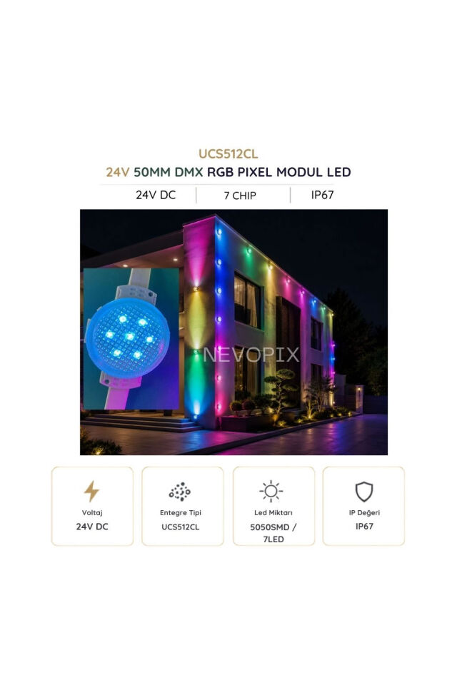 24V 50mm UCS512CL RGB Adreslenebilir Pixel Dot Modül LED 30 Adet