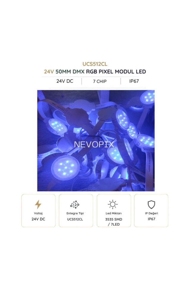 24V 50mm UCS512CL RGB Adreslenebilir Pixel Dot Modül LED 30 Adet