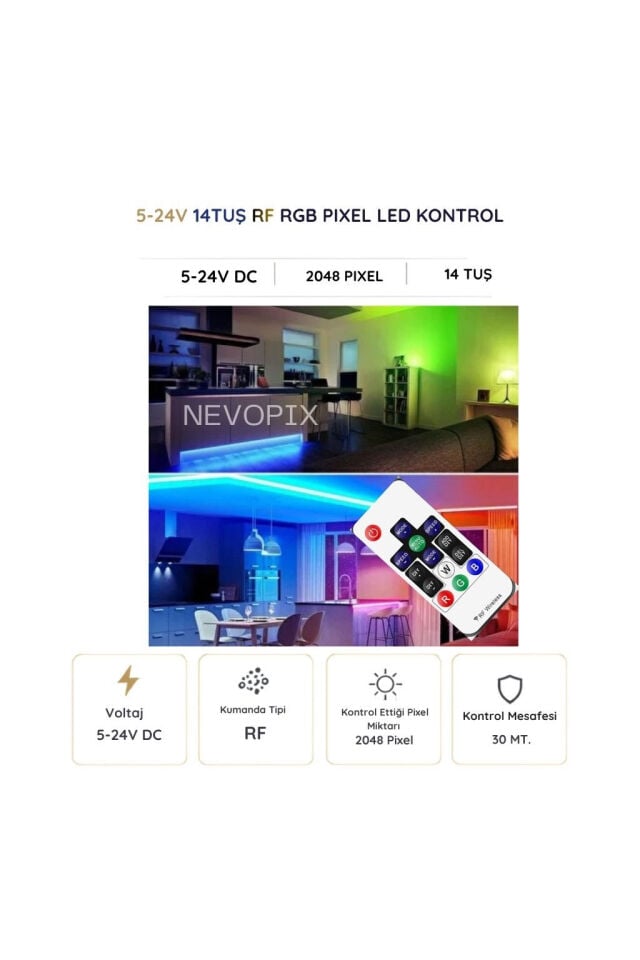 14 Tuşlu DC 5-24V RF Kumandalı RGB Pixel LED Kontrol Cihazı