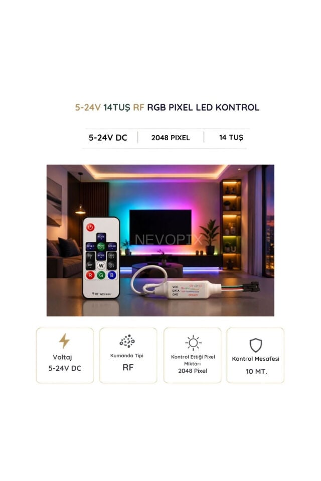 14 Tuşlu DC 5-24V RF Kumandalı RGB Pixel LED Kontrol Cihazı