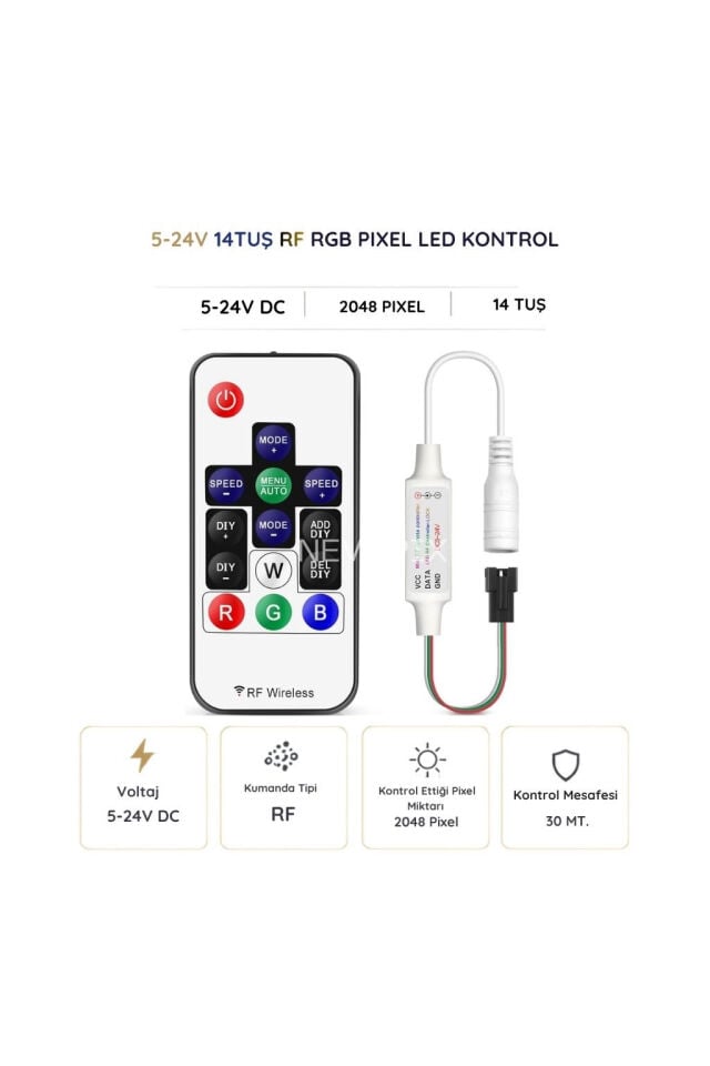 14 Tuşlu DC 5-24V RF Kumandalı RGB Pixel LED Kontrol Cihazı