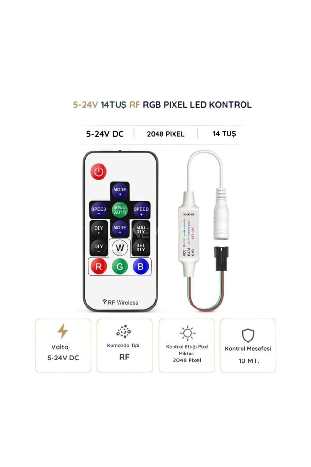 14 Tuşlu DC 5-24V RF Kumandalı RGB Pixel LED Kontrol Cihazı