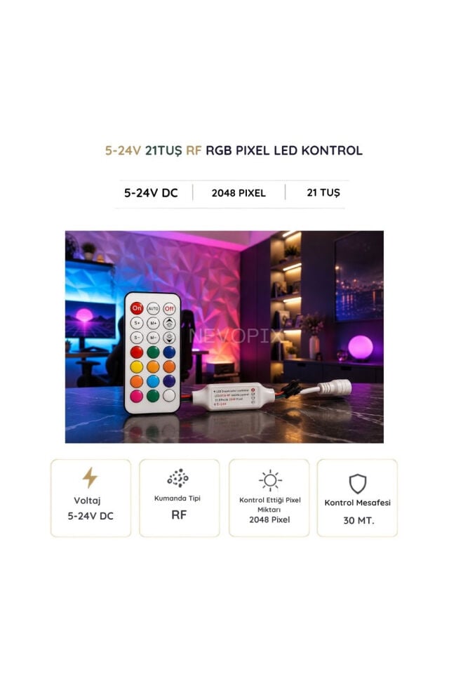21 Tuşlu DC 5-24V RF Kumandalı RGB Pixel LED Kontrol Cihazı
