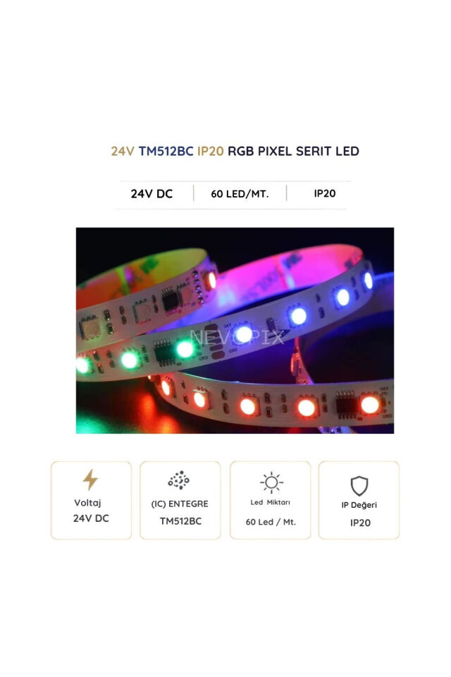 24 Volt 5050SMD TM512BC 60 LED/m IP20 Dmx Pixel Şerit LED 10 Metre