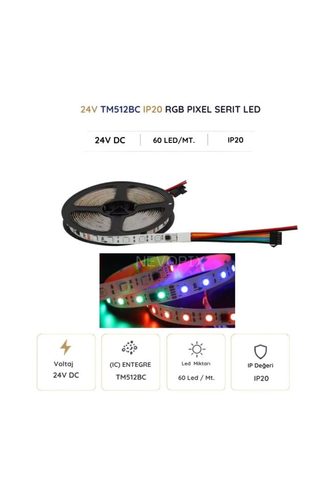 24 Volt 5050SMD TM512BC 60 LED/m IP20 Dmx Pixel Şerit LED 10 Metre