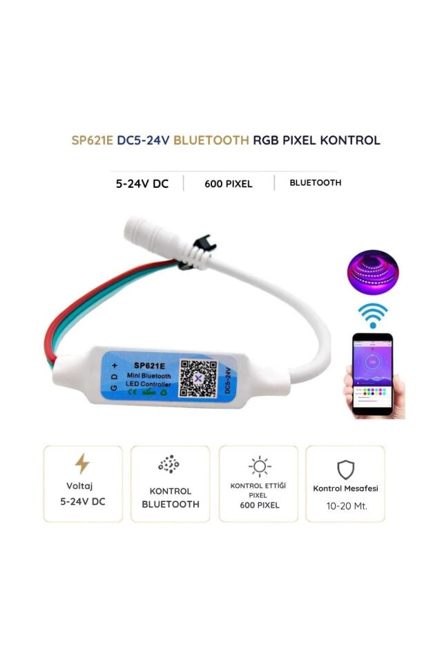 SP621E Bluetooth Pixel LED Kontrol Cihazı 5-24V 600 Pixel