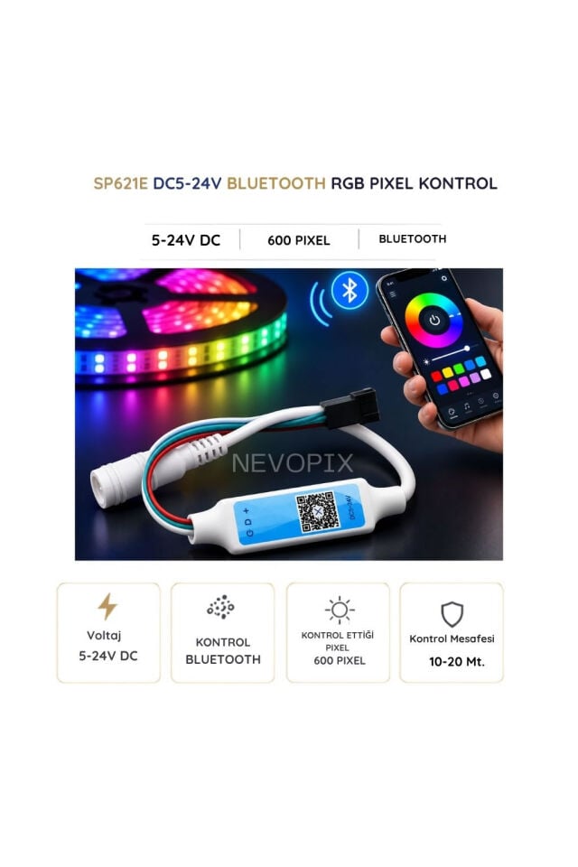 SP621E Bluetooth Pixel LED Kontrol Cihazı 5-24V 600 Pixel